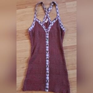 Free People Purple Plaid Crochet Button-Front Tank Top Small Cami Boho Wine